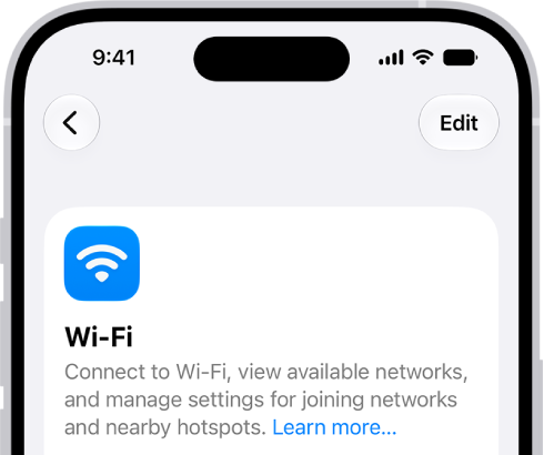 The Wi-Fi options screen in Settings. Wi-Fi is turned on, and a network is selected.