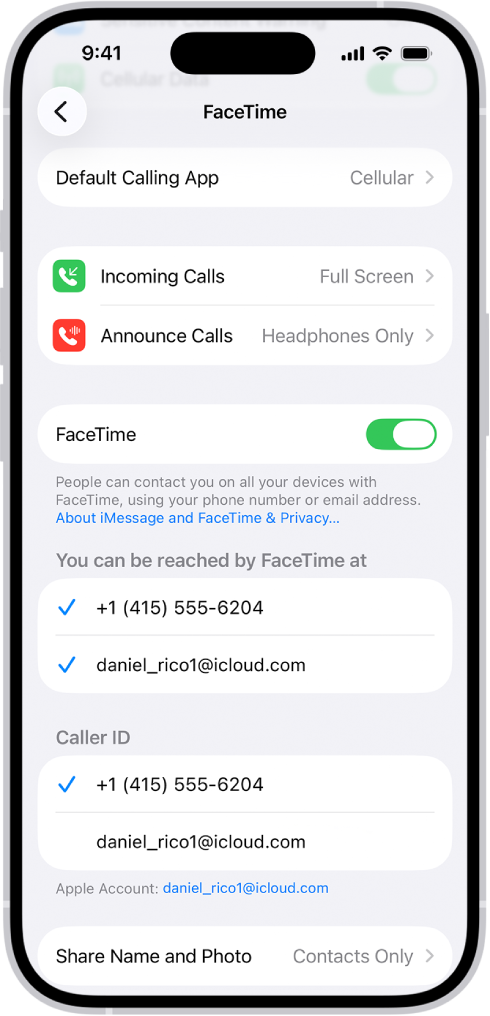 The FaceTime Settings screen, showing the Default Calling App option, the control to turn FaceTime on or off, and the Apple Account that is being used for FaceTime.