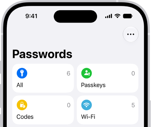The Home Screen for the Passwords app, with buttons for All, Passkeys, Verification Codes, W-Fi, Security, and Deleted, along with a list of Shared Groups.