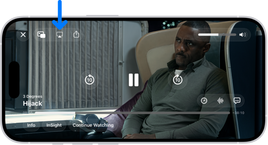 A movie playing on the iPhone screen. In the middle of the screen are the playback controls. The AirPlay button is near the top left.