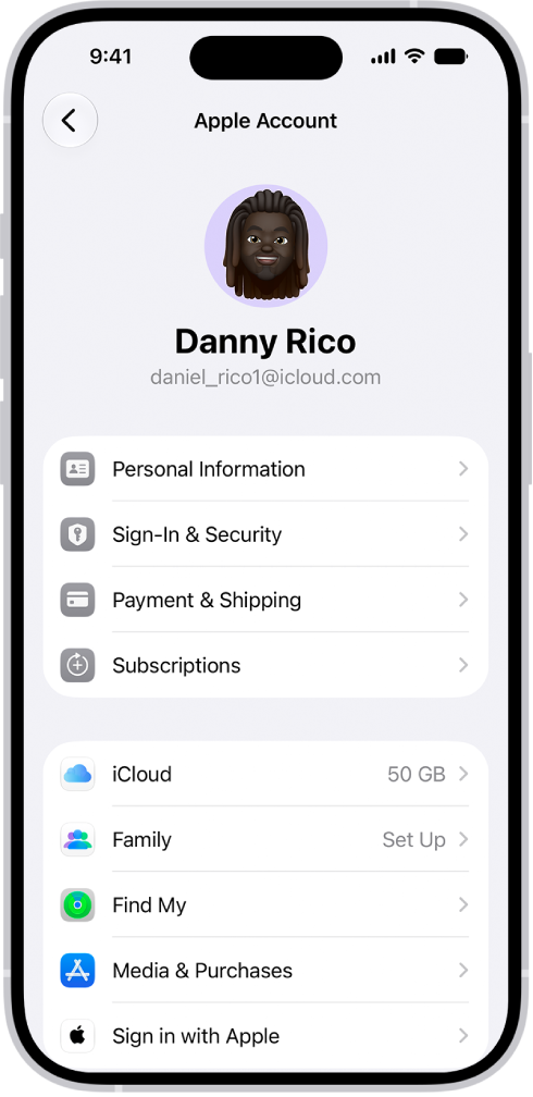 The Apple Account Settings shown with a list of options including personal information, subscriptions, Find My, and more.