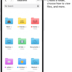 The Files app showing the files and folders in your iCloud Drive. The More menu has options for Selecting items, creating a new folder, Scan Documents, and Connect to Server. Below that are options to view items on the screen as Icons or a List. At the bottom are sort options for Name, Kind, Date, Size, and Tags followed by View Options.