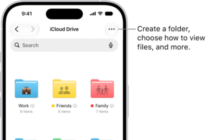 The Files app showing the files and folders in your iCloud Drive. The More menu has options for Selecting items, creating a new folder, Scan Documents, and Connect to Server. Below that are options to view items on the screen as Icons or a List. At the bottom are sort options for Name, Kind, Date, Size, and Tags followed by View Options.