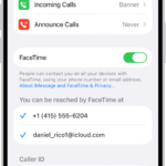 The FaceTime Settings screen, showing the Default Calling App option, the control to turn FaceTime on or off, and the Apple Account that is being used for FaceTime.