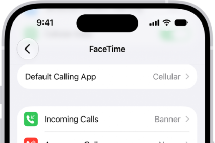 The FaceTime Settings screen, showing the Default Calling App option, the control to turn FaceTime on or off, and the Apple Account that is being used for FaceTime.
