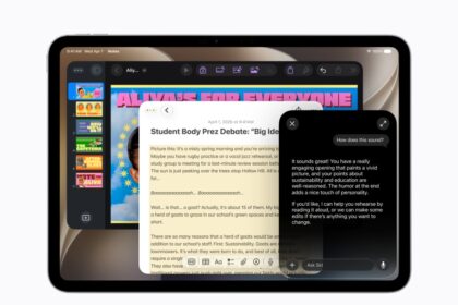 On iPad, a user taps into Siri AI to get suggestions for improving their writing.