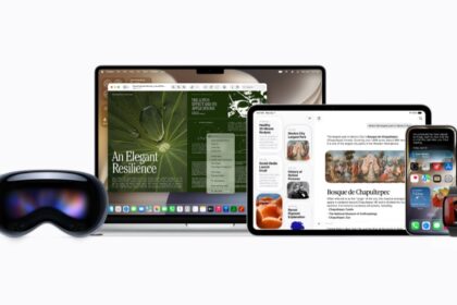 A collection of Apple products, including Apple Vision Pro, MacBook, iPad, iPhone 17 Pro, and Apple Watch, all displaying various Siri AI interfaces.