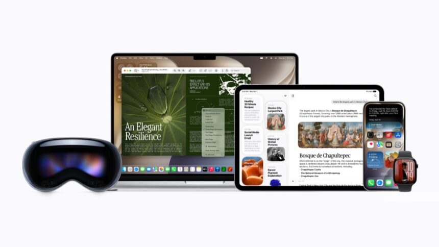 A collection of Apple products, including Apple Vision Pro, MacBook, iPad, iPhone 17 Pro, and Apple Watch, all displaying various Siri AI interfaces.