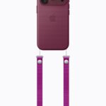 A burgundy iPhone 18 Pro with coordinating case is paired with a magenta Crossbody Strap.