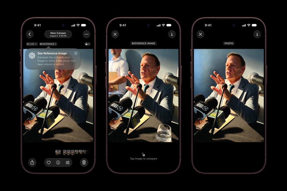 Three iPhone 18 Pro devices display Apple Reference Image comparing an original photograph with an edited version.