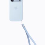 iPhone 18 Pro in glacier is paired with the glacier Wrist Strap.