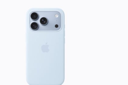 iPhone 18 Pro in glacier is paired with the glacier Wrist Strap.