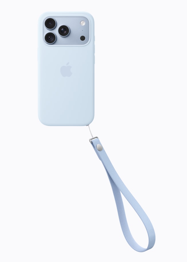 iPhone 18 Pro in glacier is paired with the glacier Wrist Strap.