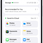 The iCloud settings screen showing the iCloud storage meter and a list of features—including Photos, iCloud Drive, and iCloud Backup—that can be used with iCloud.