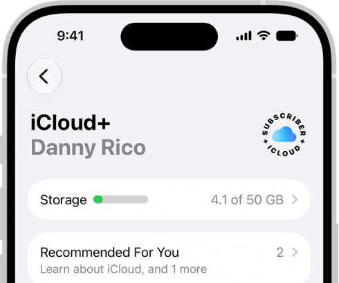 The iCloud settings screen showing the iCloud storage meter and a list of features—including Photos, iCloud Drive, and iCloud Backup—that can be used with iCloud.