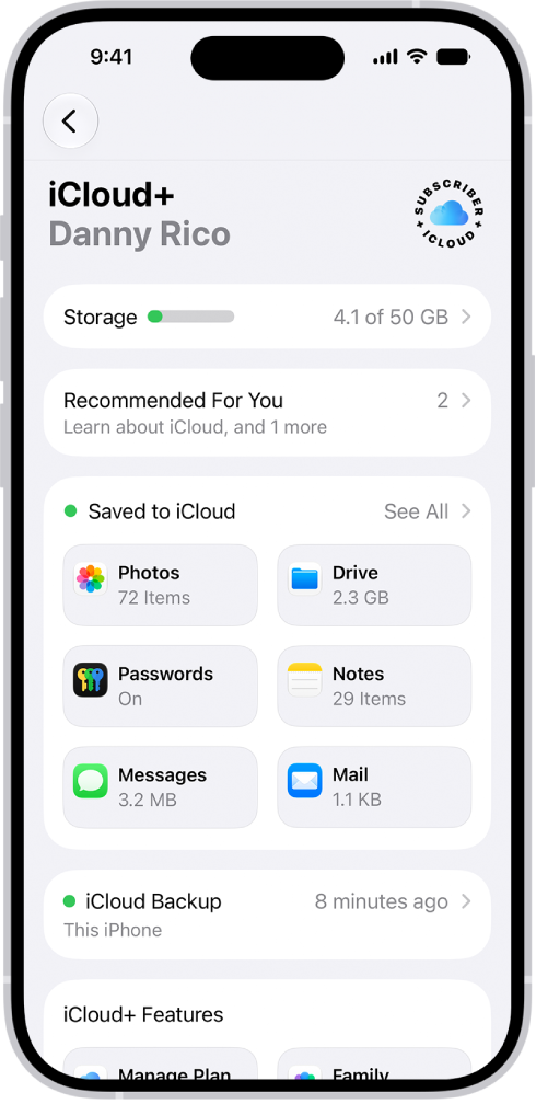 The iCloud settings screen showing the iCloud storage meter and a list of features—including Photos, iCloud Drive, and iCloud Backup—that can be used with iCloud.
