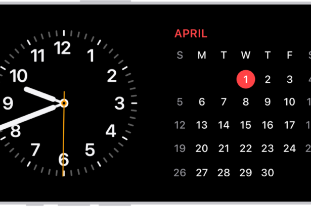 iPhone turned horizontally. The left side of the screen displays a clock and the right side of the screen displays the date.