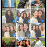 The iPhone screen is filled with a grid of photos, some of which are selected. At the bottom of the screen are the Share and Delete buttons.