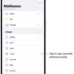 The Mailboxes screen. Below iCloud, mailboxes are listed from top to bottom, including the Trash mailbox. Tap it to see recently deleted messages.