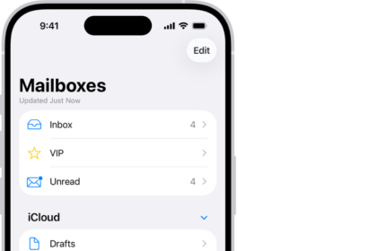 The Mailboxes screen. Below iCloud, mailboxes are listed from top to bottom, including the Trash mailbox. Tap it to see recently deleted messages.