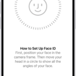 The Face ID recognition setup screen. A smiley face is showing on the screen, enclosed in a circle. Text below instructs the user to move their head slowly to complete the circle. A button for Get Started appears near the bottom of the screen.