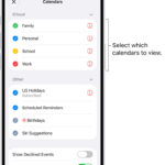 The Calendars list, with checkmarks indicating which calendars are active. The Done button for closing the list is in the top-right corner.