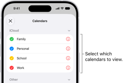 The Calendars list, with checkmarks indicating which calendars are active. The Done button for closing the list is in the top-right corner.