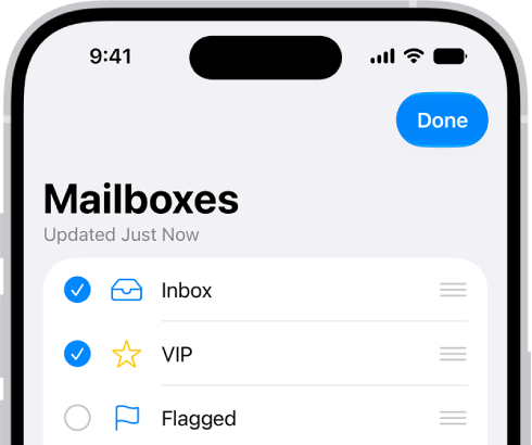 The Mailboxes edit screen. Optional Mailboxes are listed from top to bottom with a checkbox to the left of each option. At the bottom-right corner of the screen is a button labeled New Mailbox.