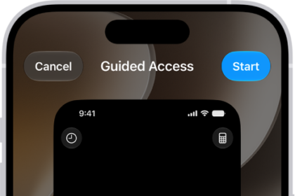 An iPhone screen showing Guided Access being set up. iPhone is being temporarily locked to just the Calculator app, and one of the buttons in the app has been disabled.
