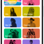 The Search tab showing a search field at the top. Multiple categories of music appear below, such as Hits and Pop.