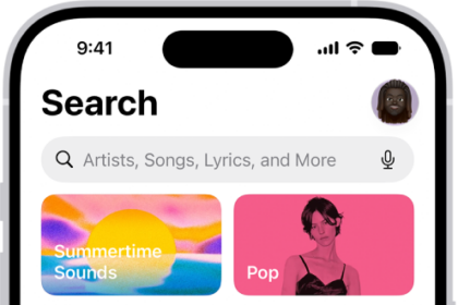 The Search tab showing a search field at the top. Multiple categories of music appear below, such as Hits and Pop.