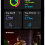 The Summary screen in Fitness, showing the Activity Rings, Step Count, Step Distance, and Apple Fitness+ areas.