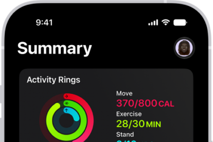 The Summary screen in Fitness, showing the Activity Rings, Step Count, Step Distance, and Apple Fitness+ areas.