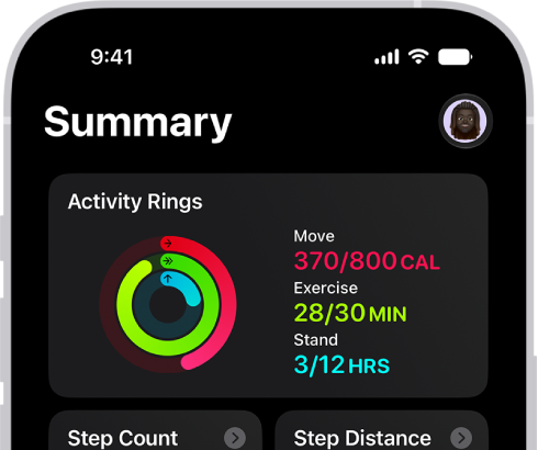 The Summary screen in Fitness, showing the Activity Rings, Step Count, Step Distance, and Apple Fitness+ areas.