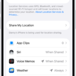 The Location Services screen, with settings to share the location of your iPhone with apps.
