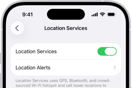 The Location Services screen, with settings to share the location of your iPhone with apps.