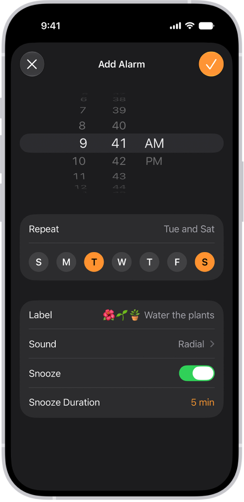 A screen for changing an alarm, with settings to change the time of the alarm, choose whether the alarm repeats, add an alarm label, select an alarm sound, turn on snooze, and change the snooze duration.