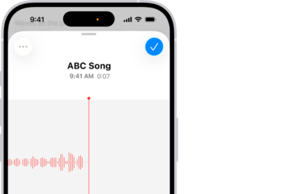 A Voice Memos recording, showing a waveform of the recording that’s in progress, along with a time indicator and a button to pause the recording.