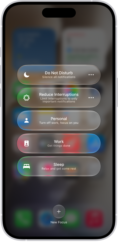 Control Center showing the Focus options, with buttons for setting the duration of the Focus options.
