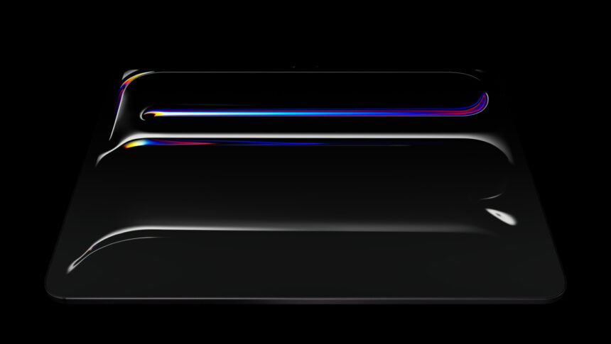 iPad Pro, landscape orientation, front exterior, space black color, aluminum and glass enclosure