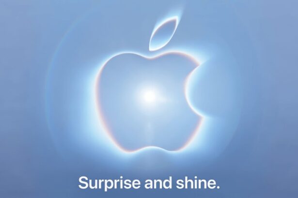 Apple graphic showing its logo with a bright light at the center on a blue-gray background. text: Surprise and shine