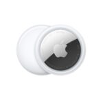 AirTag, circular shape, white color ring around outer edge, front exterior, reflective silver color material, Apple logo, centered, back exterior, white color  