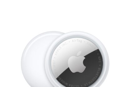 AirTag, circular shape, white color ring around outer edge, front exterior, reflective silver color material, Apple logo, centered, back exterior, white color  