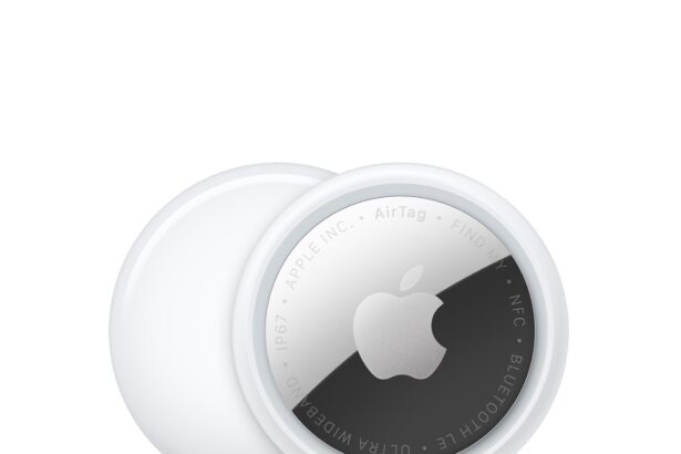 AirTag, circular shape, white color ring around outer edge, front exterior, reflective silver color material, Apple logo, centered, back exterior, white color  