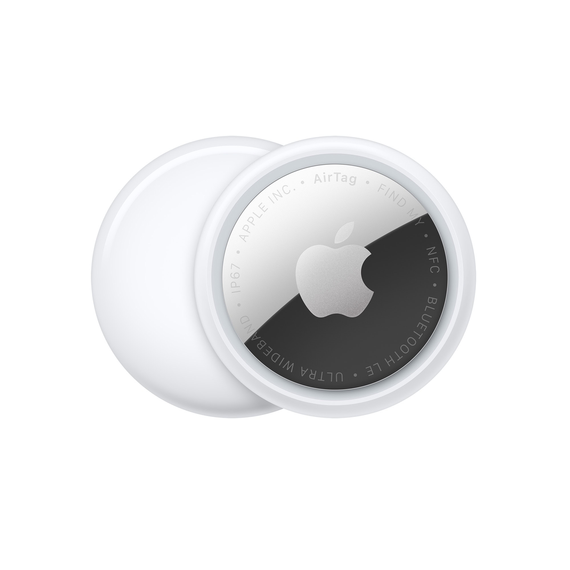 AirTag, circular shape, white color ring around outer edge, front exterior, reflective silver color material, Apple logo, centered, back exterior, white color