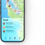 iPhone, Find My app, People screen, city map, list of friends, their location and distance available  