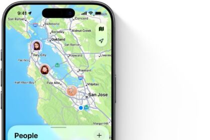 iPhone, Find My app, People screen, city map, list of friends, their location and distance available  