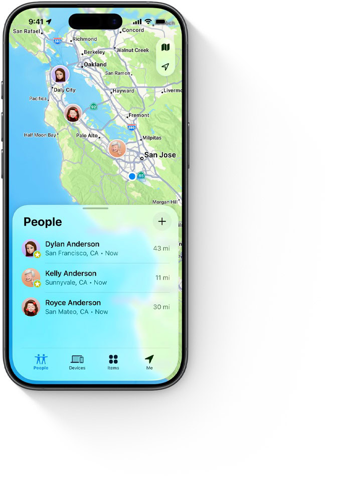 iPhone, Find My app, People screen, city map, list of friends, their location and distance available