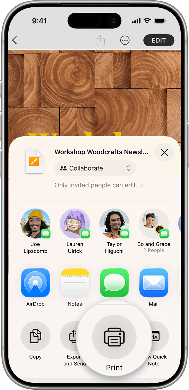 iPhone showing the option to tap the Print button.