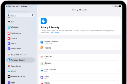 A Settings screen showing Privacy & Security options such as Location Services and Tracking.